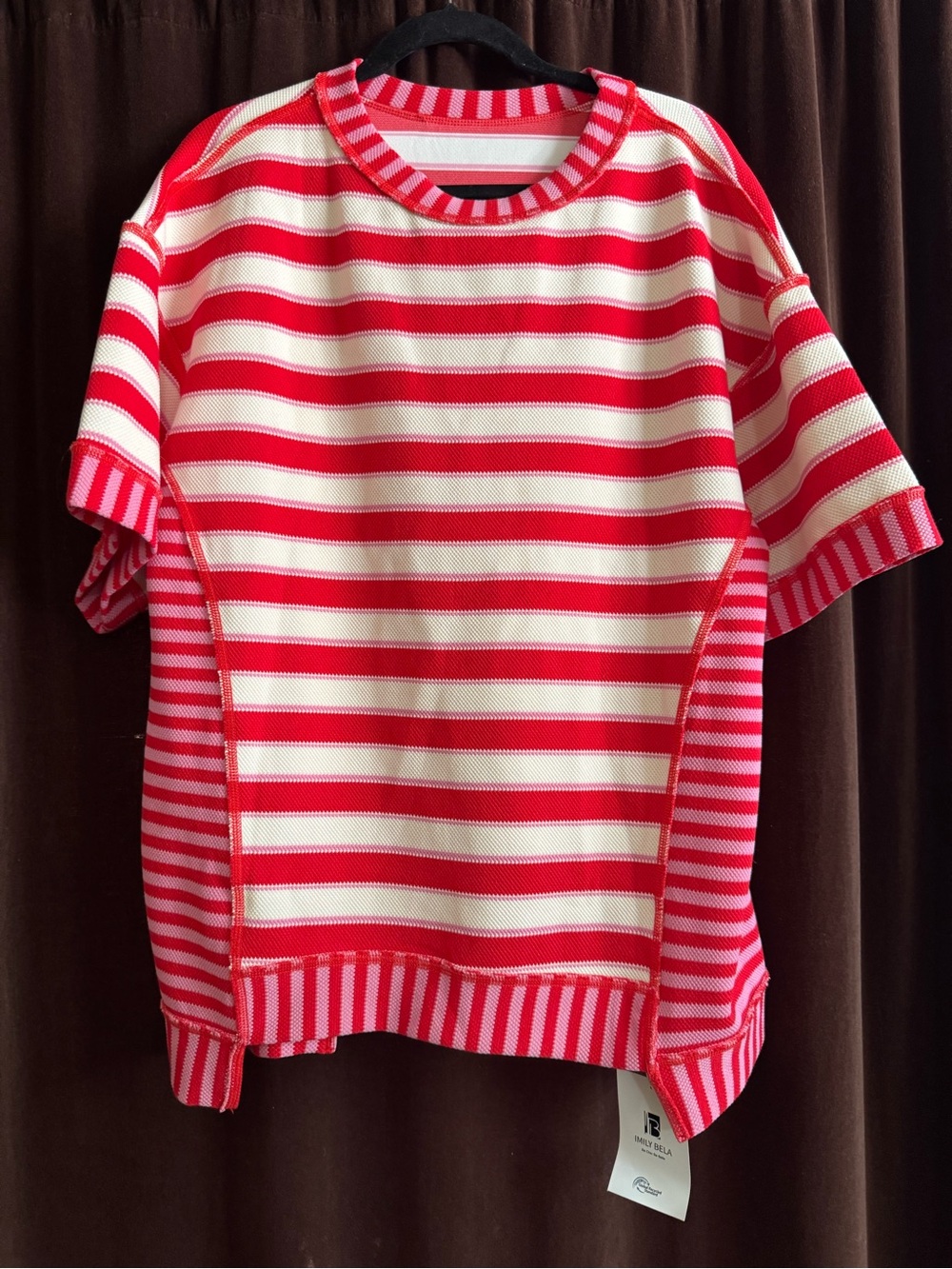 Women’s Pink, Red & White Striped Short-Sleeve knit top
